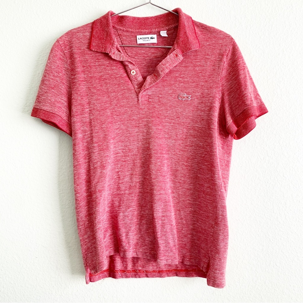 LACOSTE red tones polo shirt top Small linen cotton short sleeve logo collard